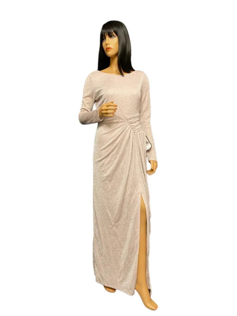 Vince Camuto Metallic Long Sleeve Gown Pink Ruched Slit